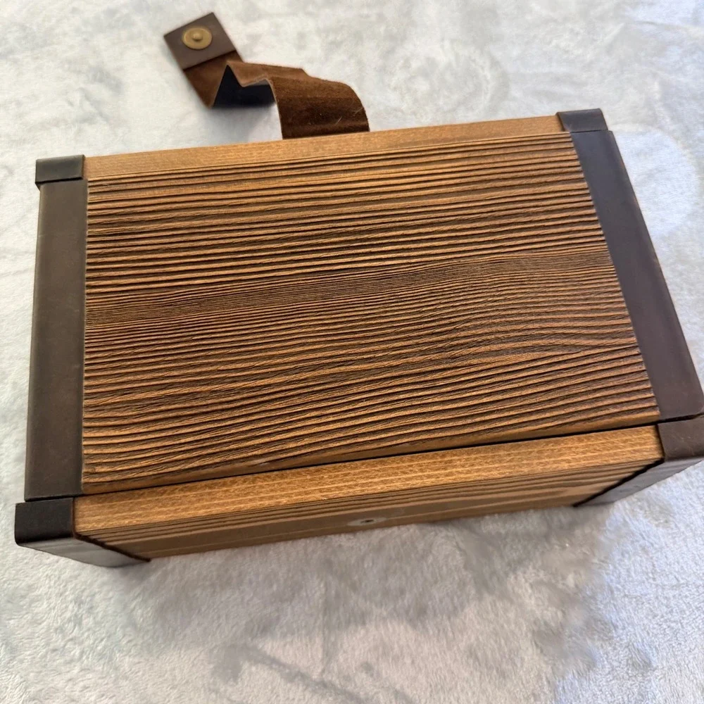 Handmade Wooden Valet Box with Leather Strap and Integrated Rolling Tray Lid